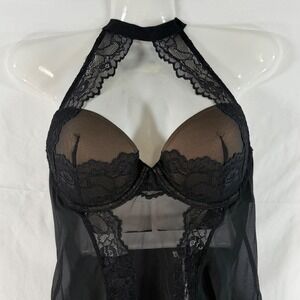 Adore Me Black Lace Mesh Bustier Halter Garter Lingerie 34C